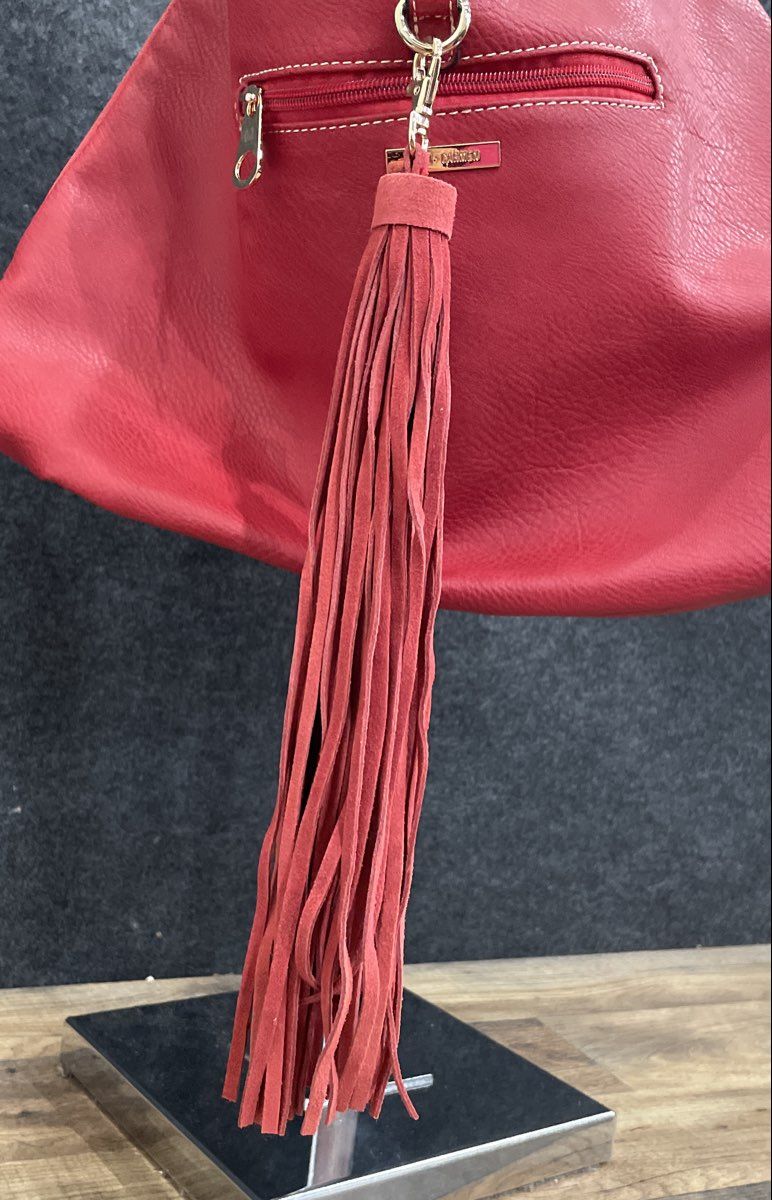 Coco + Carmen Red Leather Tassel Shoulder Bag Hobo Large Gold Hardware