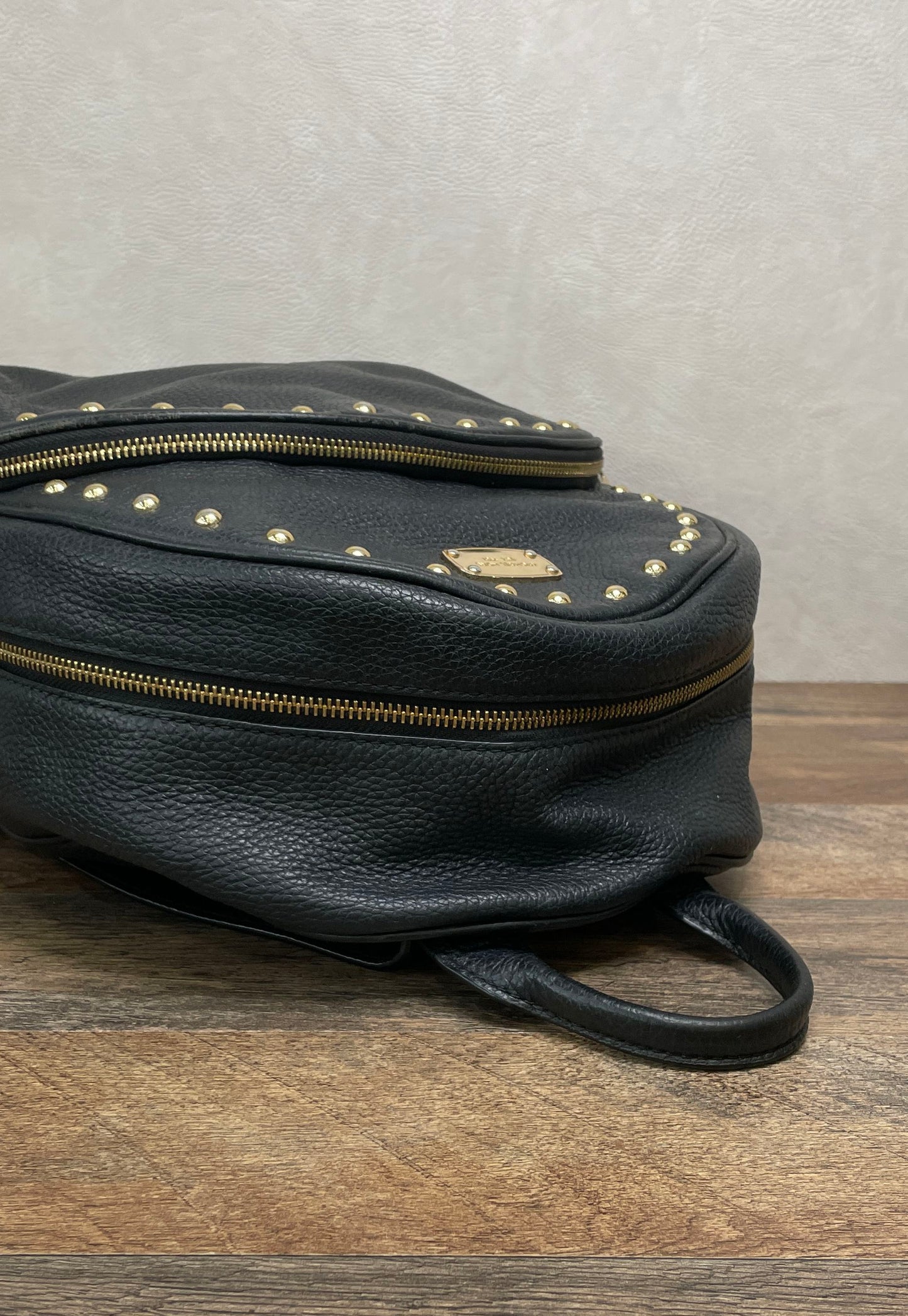 Michael Kors Black Pebbled Leather Studded Backpack Gold Hardware