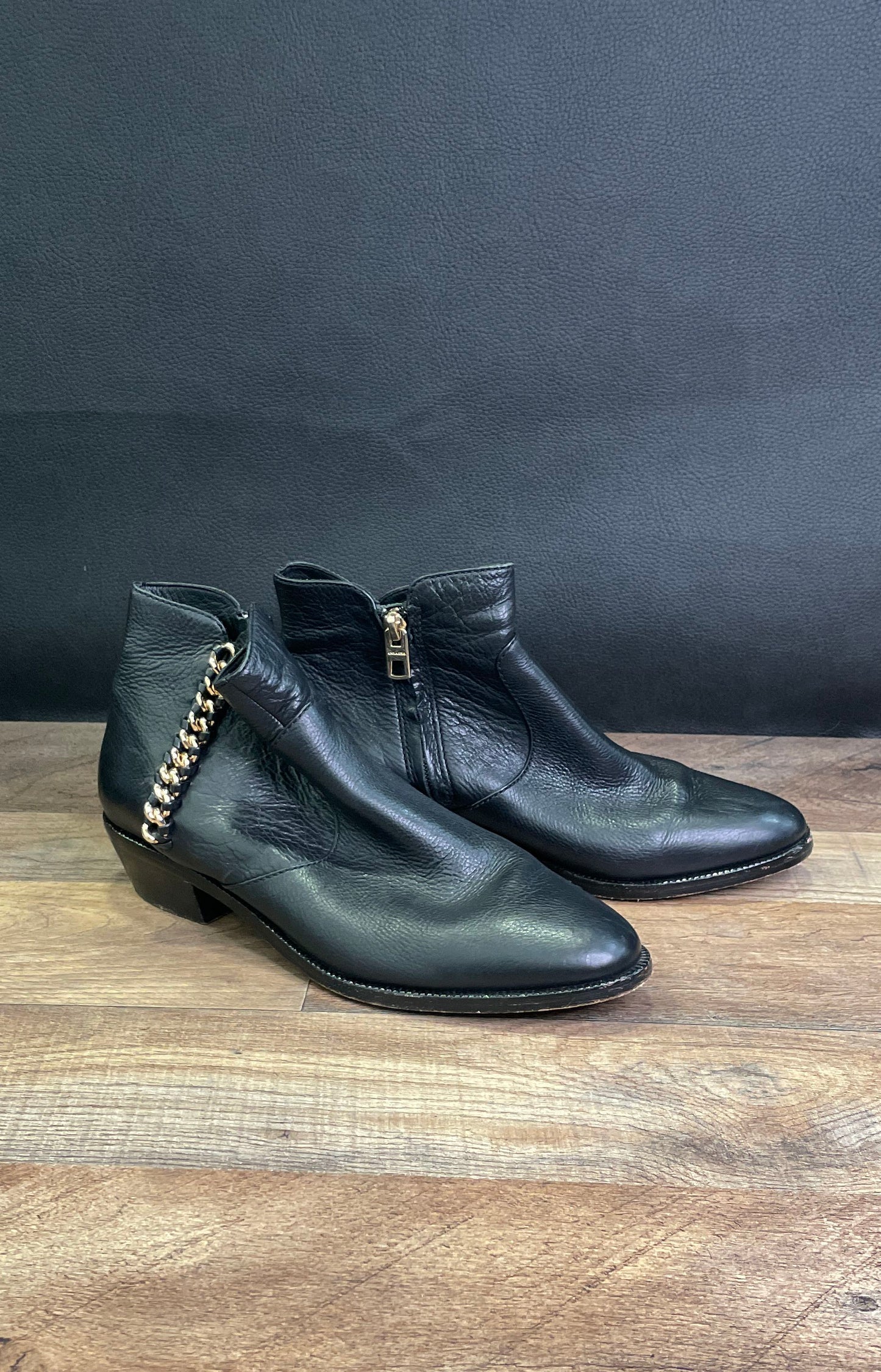 Coach Corine Black Leather Chain Block Heel Ankle Boots Women's Size 8B
