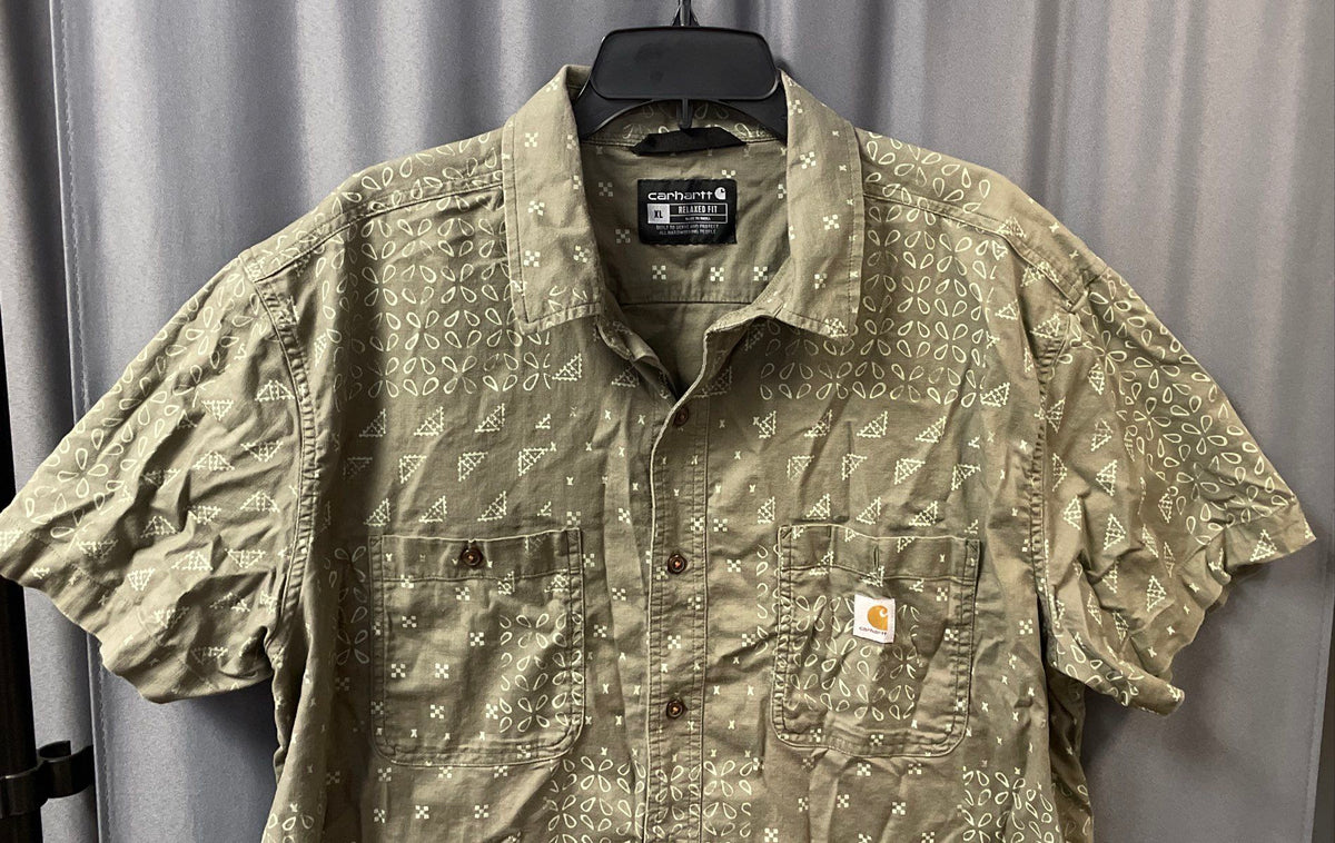 Carhartt Men's Green Pattern Short Sleeve Button Up Relaxed Fit Shirt Sz XL