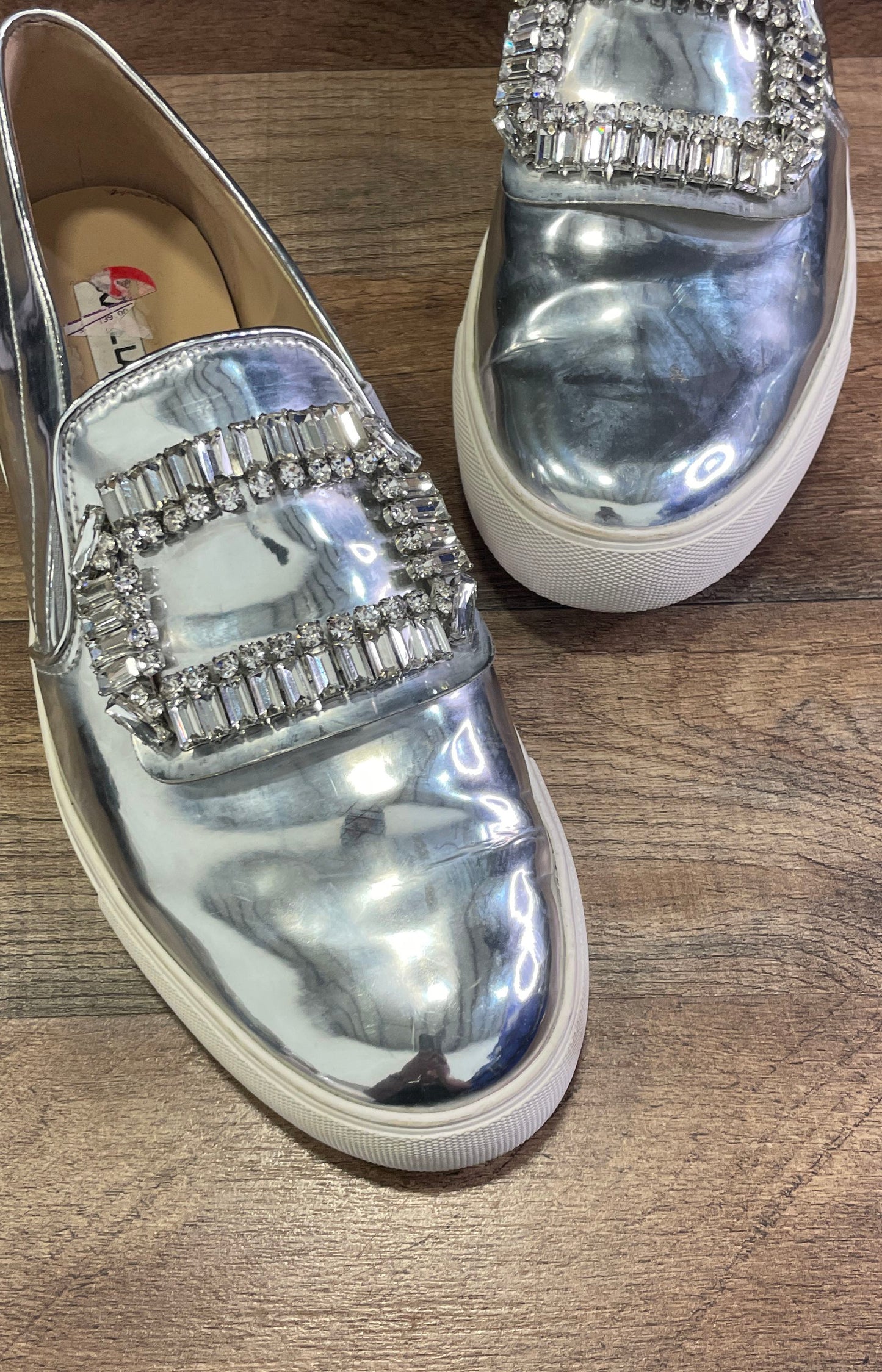 Karl Lagerfeld Paris Ermine 3 Metallic Silver Crystal Platform Sneakers Size 9
