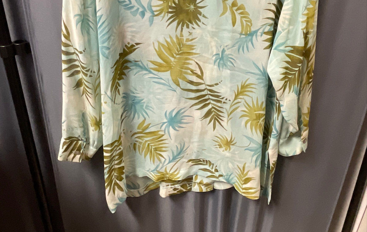Kate Hill Women's Palm Tree Silk Button Down Top Green Blue Sz 18W