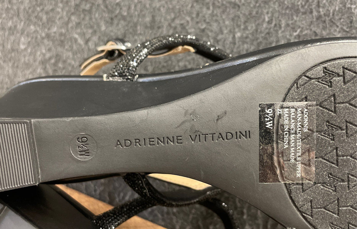 Adrienne Vittadini Adonnis Black Rhinestone T-Strap Wedge Sandals Size 9.5W