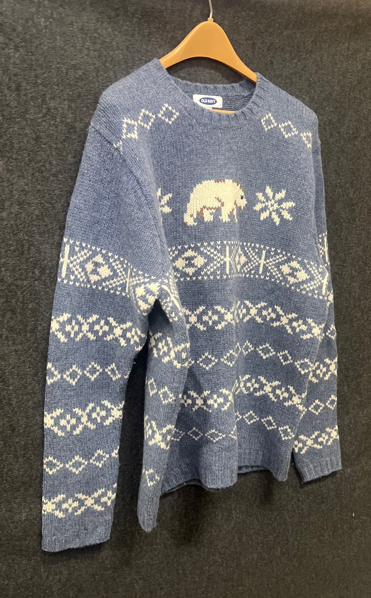 Vintage 90s Old Navy Kids Blue Lambswool Polar Bear Fair Isle Sweater Sz L