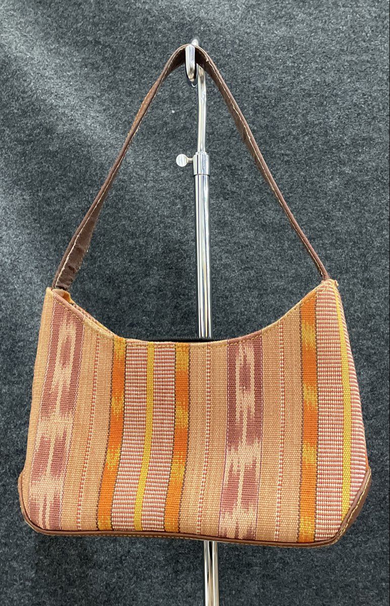 Vintage Guatemala Brown Patterned Fabric Leather Trim Shoulder Bag Purse