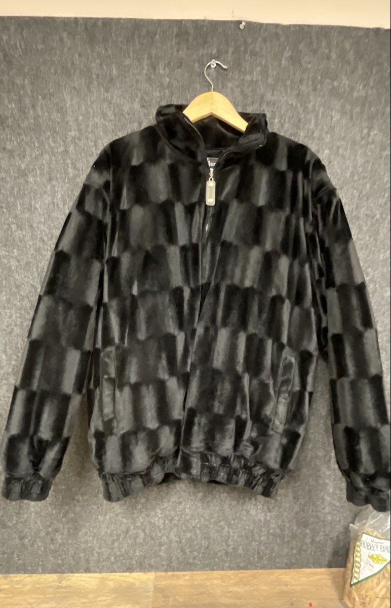 Vintage 90s Budabean Men's Black Faux Fur Checkered Full Zip Jacket Sz L