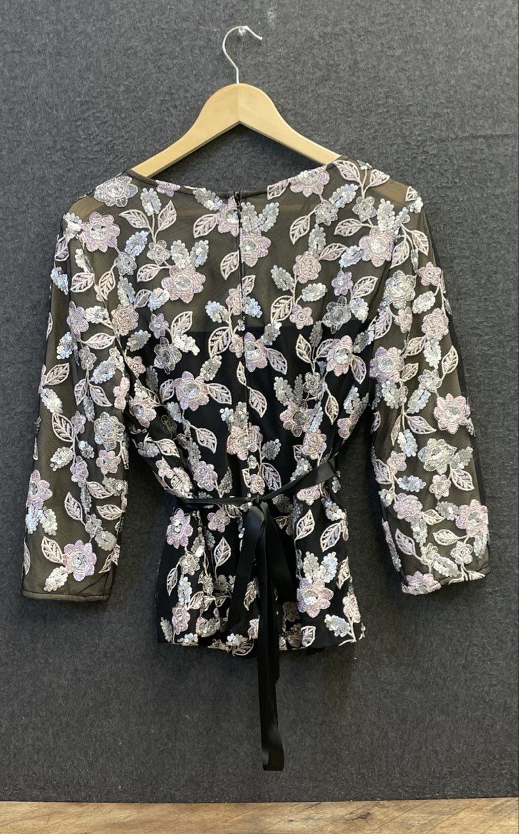 Alex Evenings Women's Sequined Embroidered Floral Mesh 3/4 Sleeve Top Sz L