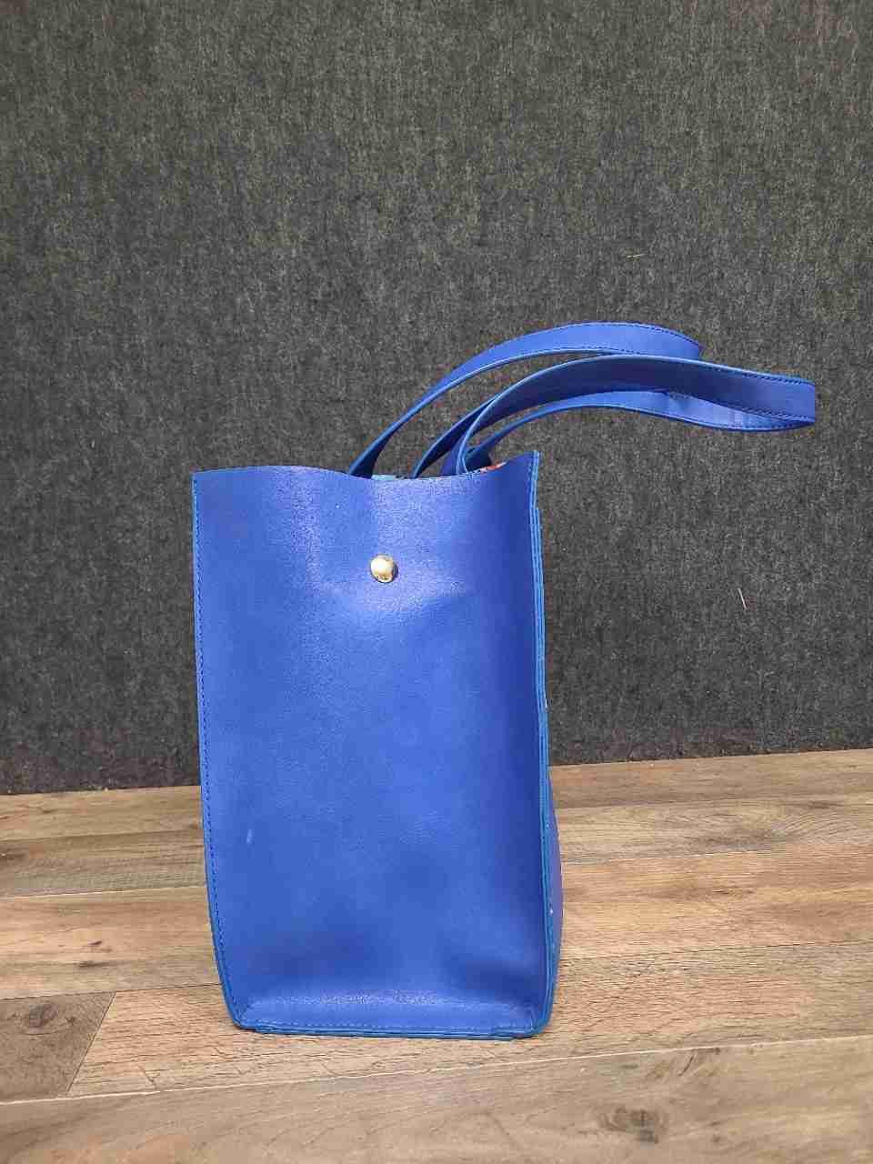 Sondra Roberts Squared Cobalt Blue Faux Leather Tote Bag Floral Lining Tassel
