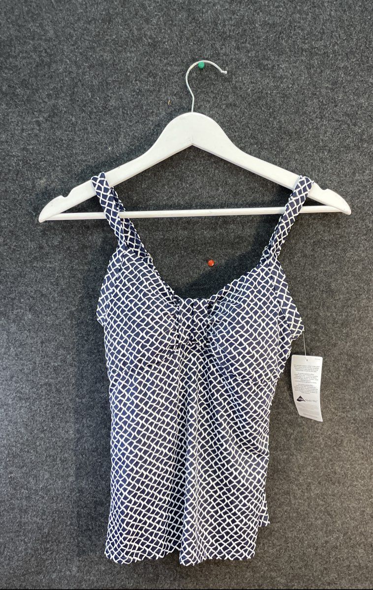 L.L.Bean Women's Navy White Geometric Sweetheart UPF 50+ Tankini Top Sz 6 NWT