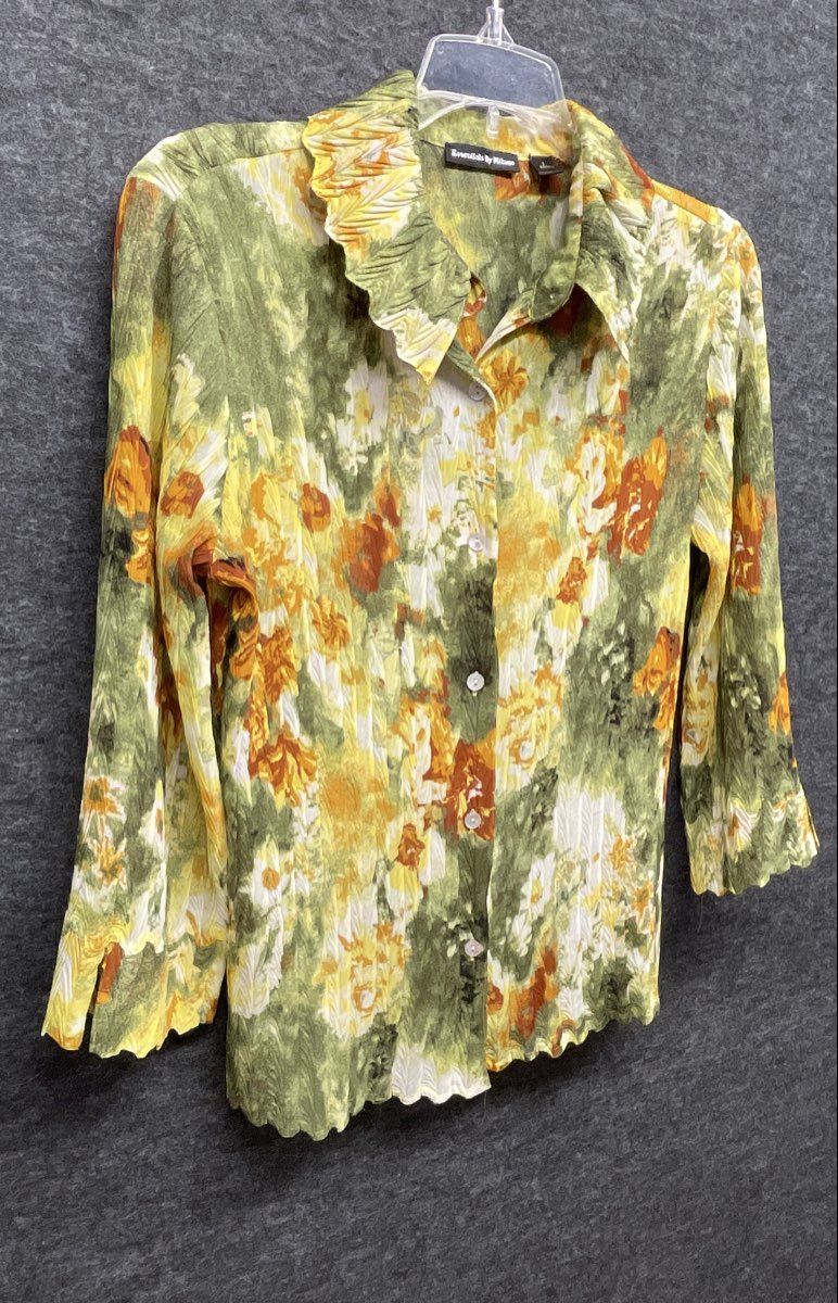 Essentials By Milano Women's Green Yellow Floral Crinkled Pleated Blouse Sz S