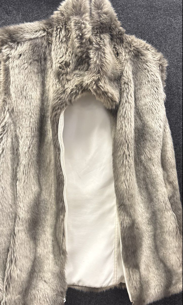 Women's Gray Faux Fur Full Zip Vest Sleeveless Stand Collar Plush