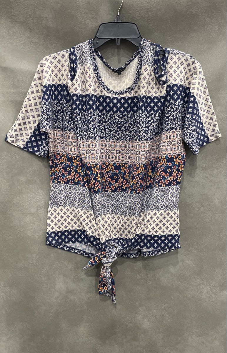 Hannah Women's Blue Geometric Pattern Tie Front Cold Shoulder Ribbed Shirt Sz M