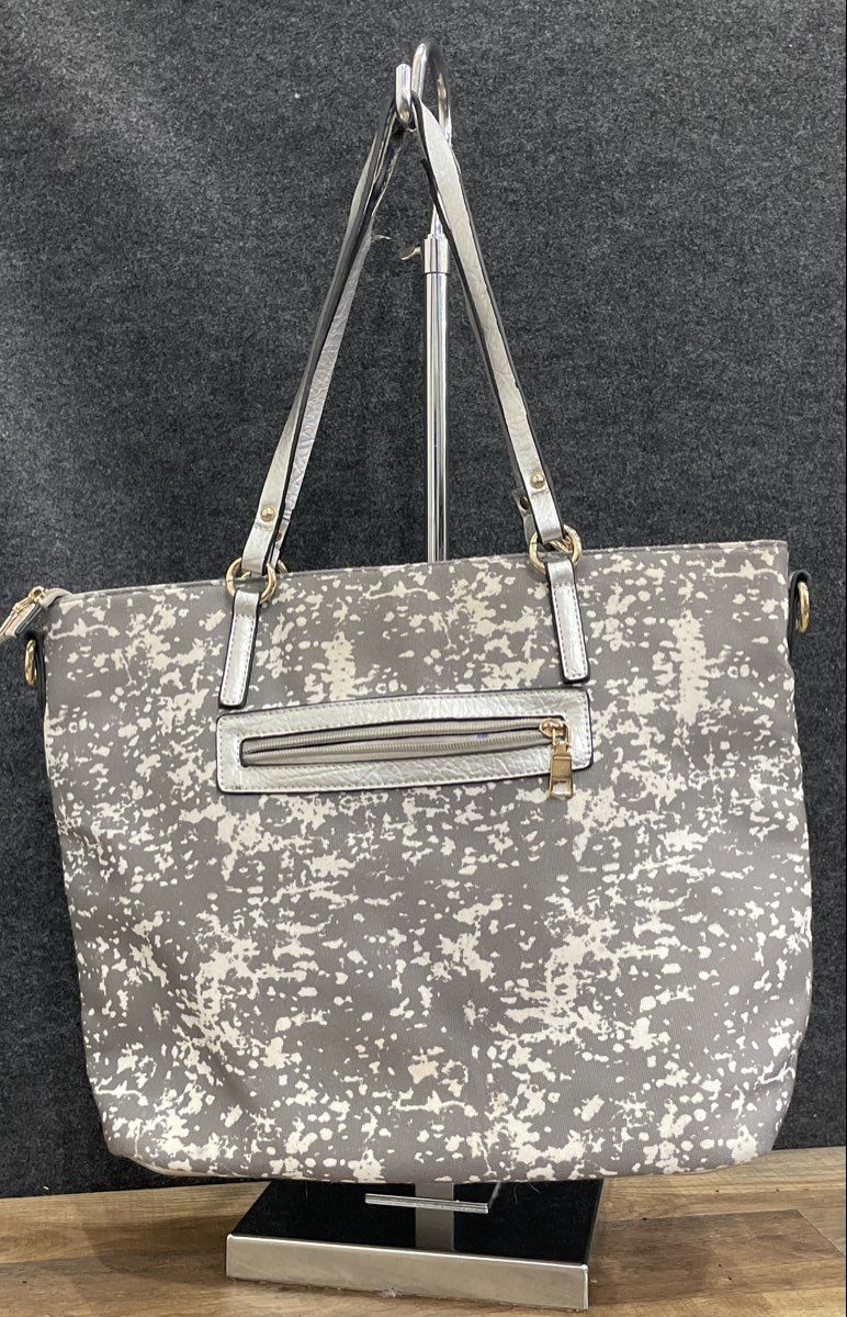 Grey White Abstract Print Fabric Tote Bag Large Metallic Silver Trim