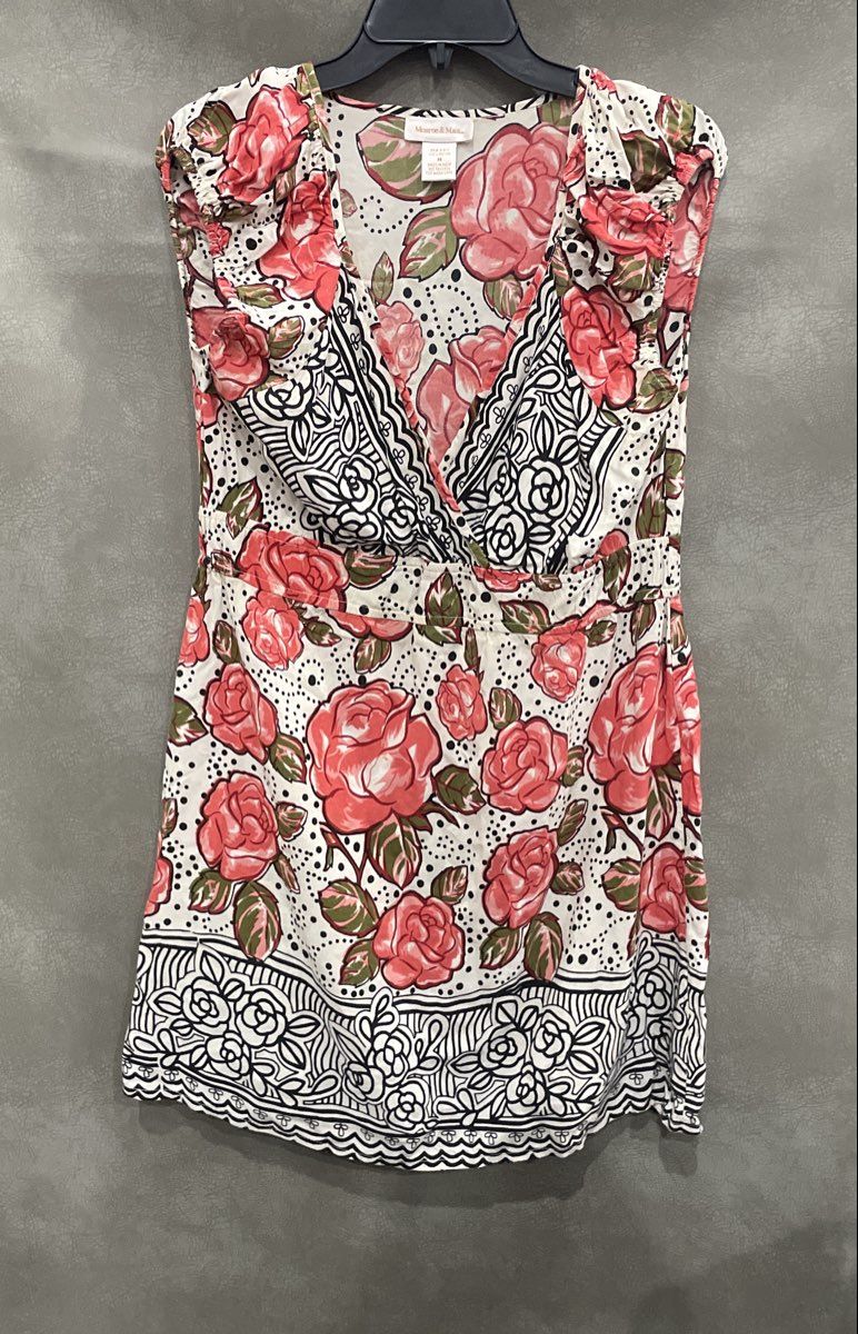 Monroe & Maine Women's Pink Green Floral Faux Wrap Rayon Mini Dress Sz M