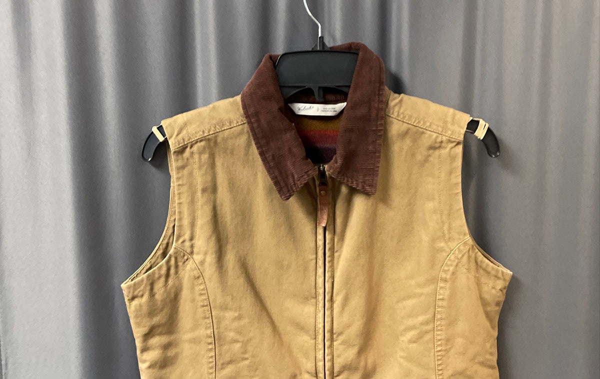 Woolrich Women's Tan Cotton Canvas Fleece Lined Utility Vest Corduroy Trim Sz S