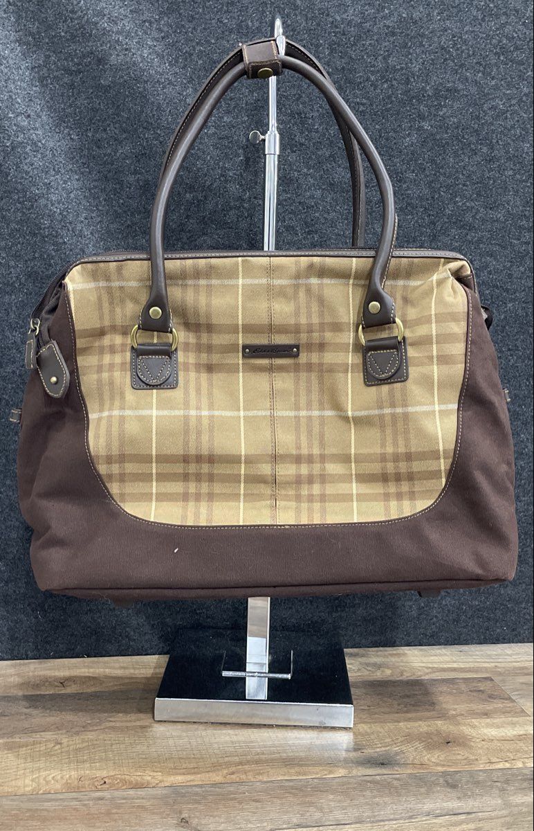 Eddie Bauer Brown Plaid Canvas Travel Weekender Satchel Bag Brass Hardware