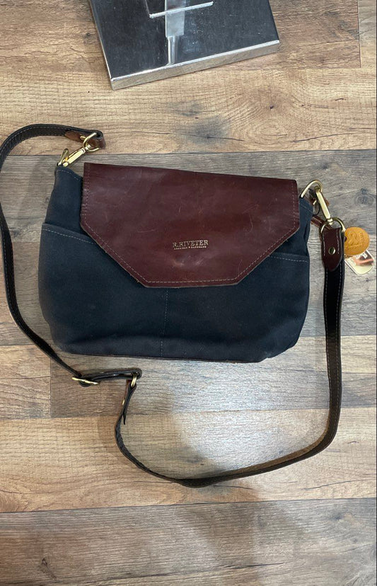 R. Riveter Black Canvas Brown Leather American Handmade Crossbody Bag 2018