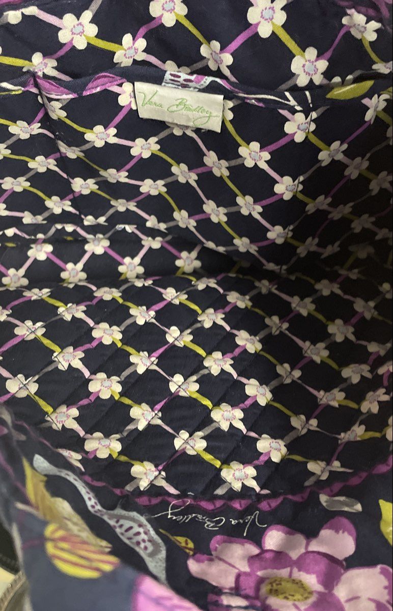 Vera Bradley Navy Blue Floral Bird Quilted Cotton Tote Bag Shoulder Purse