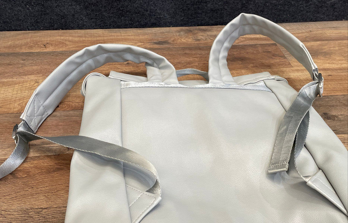 Rodan + Fields Light Blue Leather Flap Top Backpack Silver Hardware