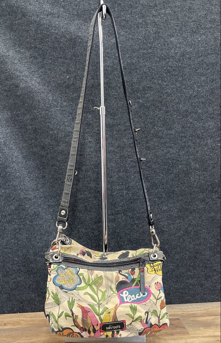 Sakroots Tan Nature Bird Print Canvas Crossbody Bag Peace Nature Patches