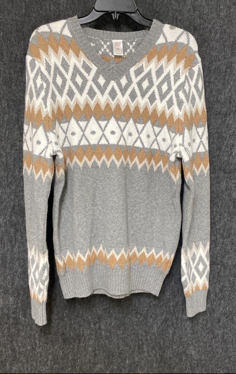 North Pole Trading Co. Men's V-Neck Sweater Gray Fair Isle Geometric Sz M
