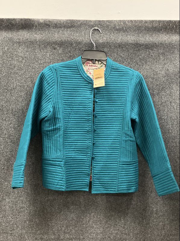 Fabindia Women's Teal Cotton Quilted Tailored Jacket Floral Print Liner Sz S NWT