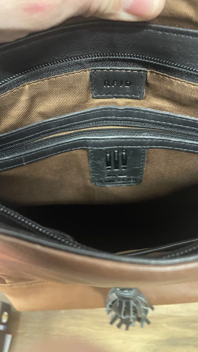 iLi Brown Black Leather Whipstitch Tassel Mini Backpack Bag RFID