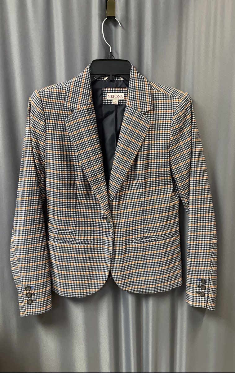Merona Women's Blue Tan Plaid Wool Blend Blazer Jacket Sz 2