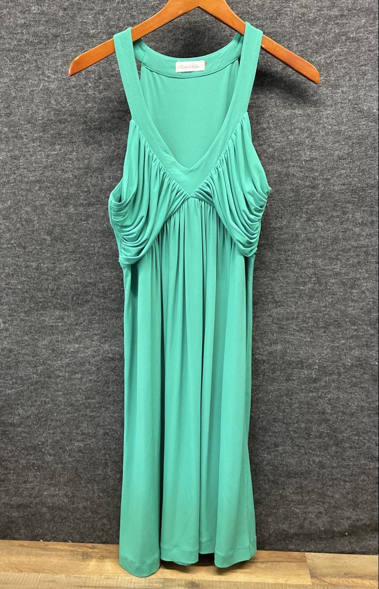 Calvin Klein Women's Green Sleeveless V-Neck Ruched Bust Pleated Dress M