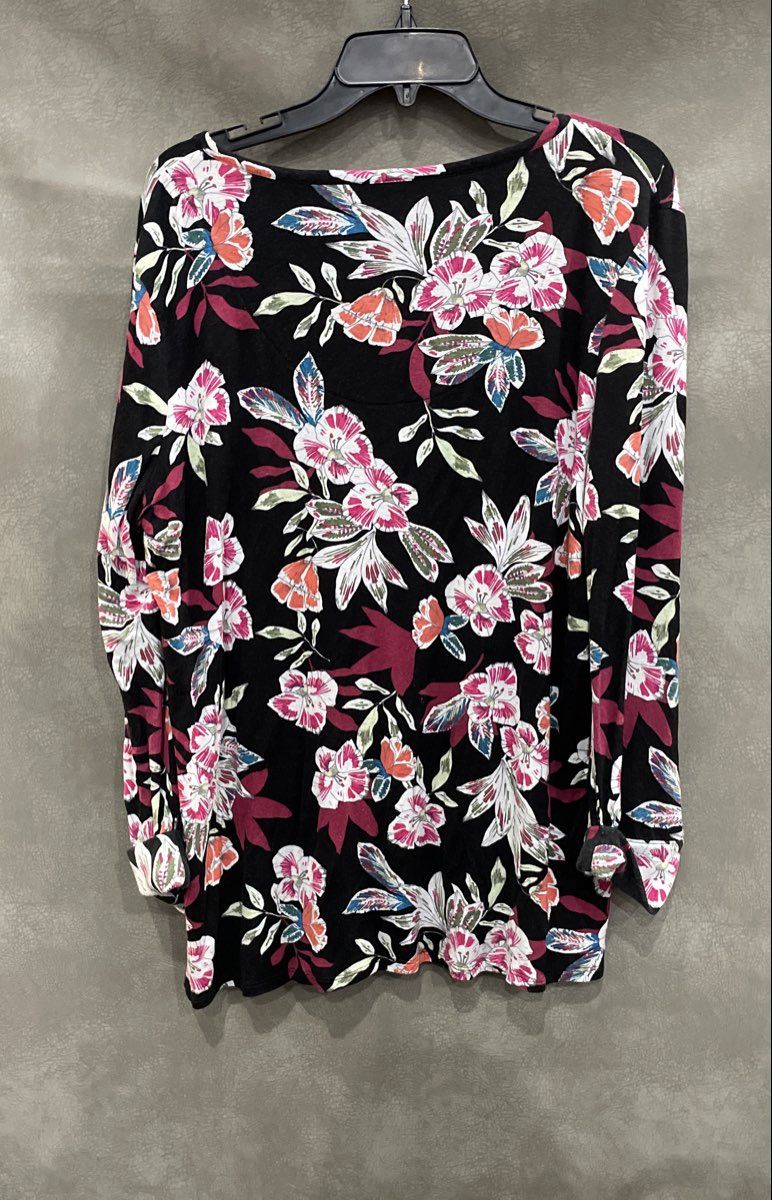 Kim Rogers Women's Black Floral Rayon Long Sleeve Smocked Button Front Top Sz XL