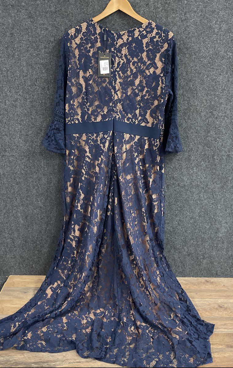 Missmay Women's Navy Blue Floral Lace Bell Sleeve Lattice Trim Dress NWT Sz 2XL