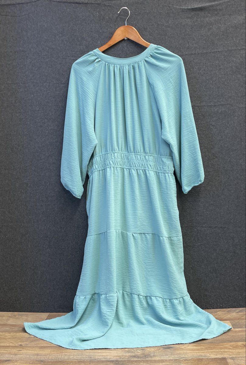 Lucky Brand Women's Aqua Blue Tiered Smocked Midi Dress Tassel Neck Sz XL