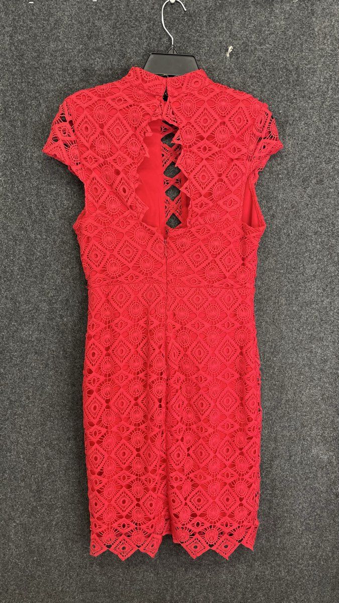 NikiBiki Women's Red Geometric Lace Mock Neck Criss Cross Cutout Dress Sz L