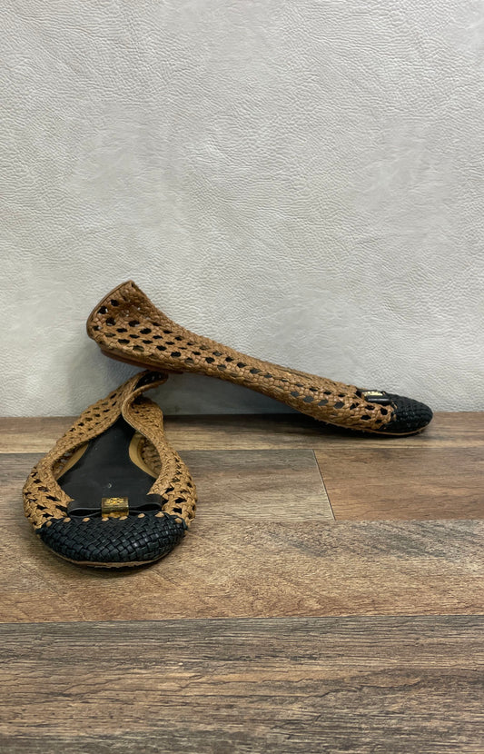 Tory Burch Tan Black Woven Leather Cap Toe Bow Ballet Flats Size 10M
