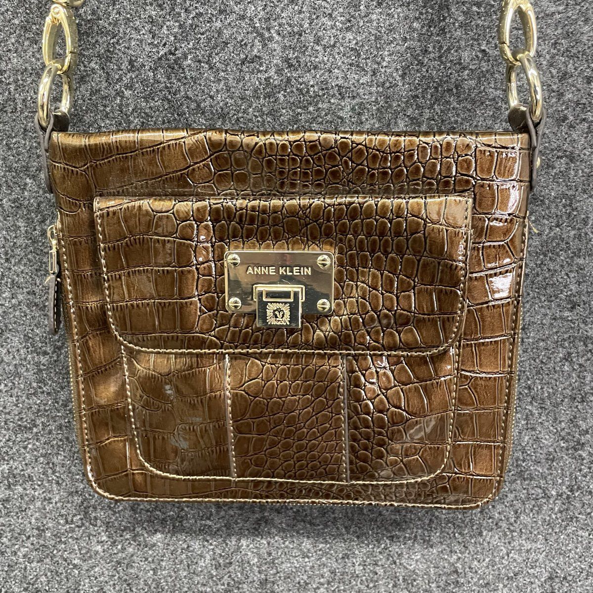 Anne Klein Brown Croc Embossed Crossbody Bag Gold Hardware Lion Logo