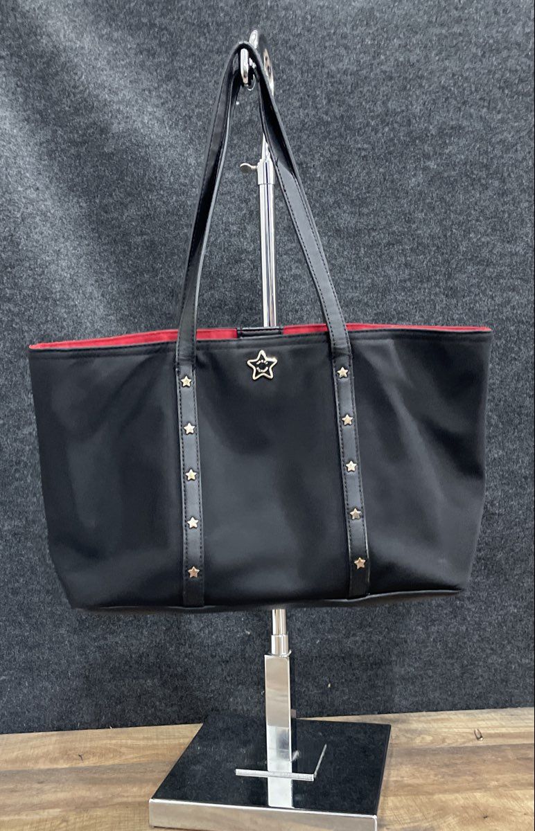 Tommy Hilfiger Black Leather Star Studded Tote Bag Large Red Interior