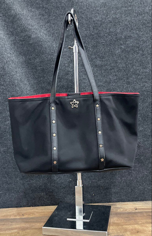Tommy Hilfiger Black Leather Star Studded Tote Bag Large Red Interior