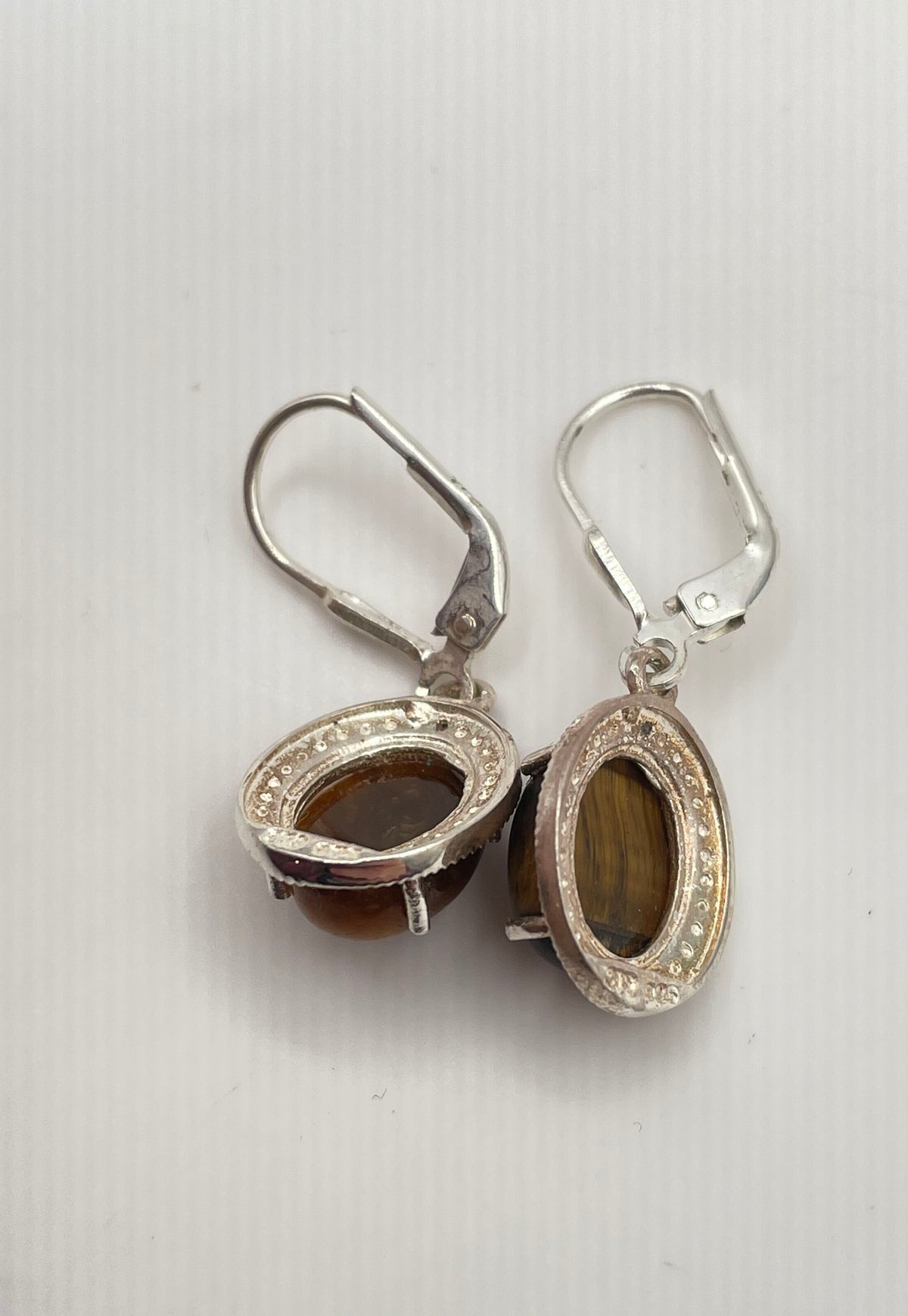 925 Sterling Silver Tiger's Eye Cabochon Leverback Drop Earrings 3.6g