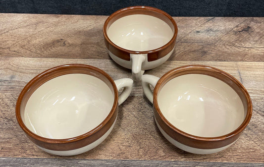 Lot Of 3 Sterling East Liverpool Ohio Brown Pottery Handled Soup Bowls