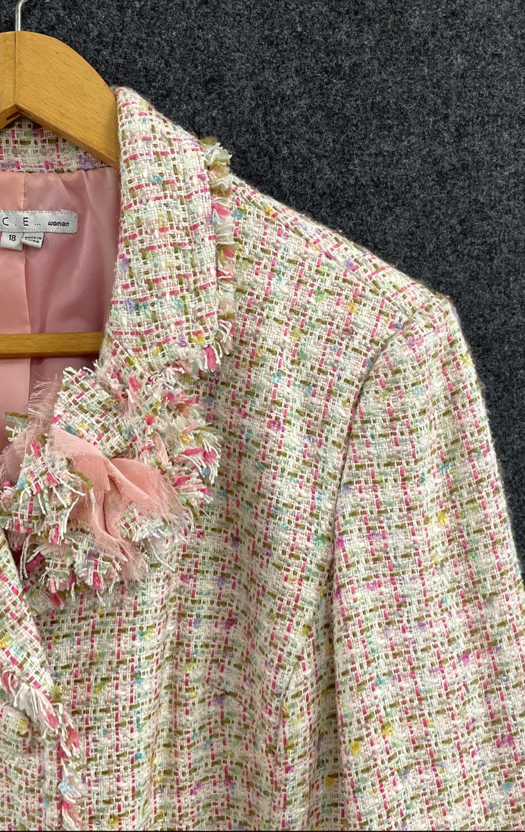 I.C.E. Woman Women's Pink Multicolor Boucle Tweed Fringed Blazer Jacket Sz 18