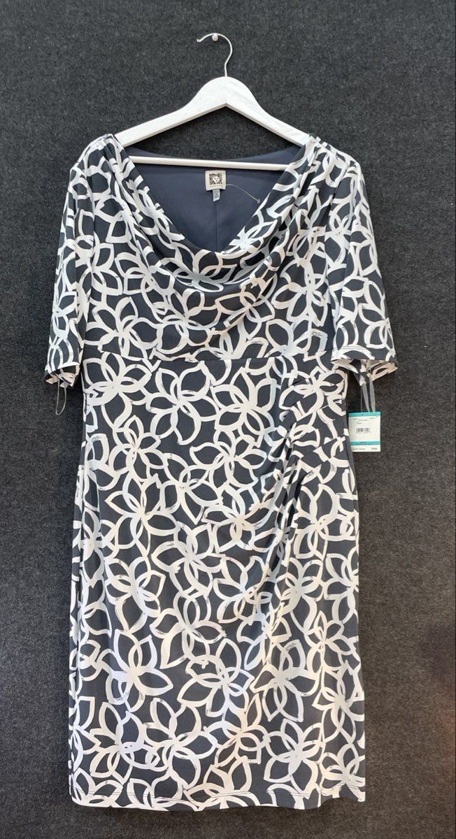 Anne Klein Women's Slate Blue Floral Cowl Neck Ruched Dress Size 16 NWT