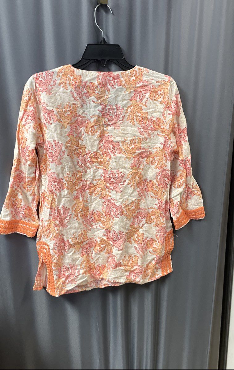 J. Jill Women's Coral V-Neck Top Sea Coral Print Linen Cotton Crochet Trim XS