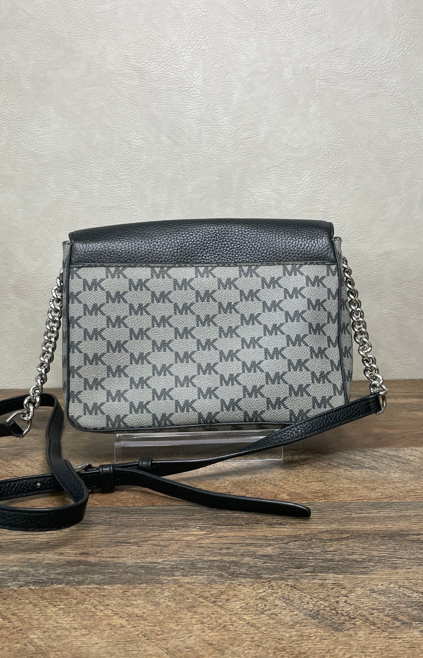 Michael Kors Grey Black Monogram MK Signature Crossbody Bag Silver Hardware