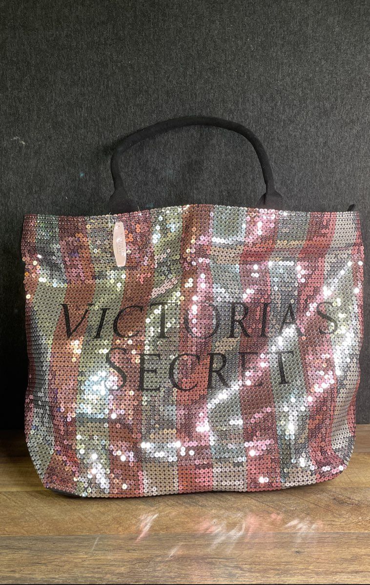 Victoria's Secret Silver and Pink Striped Sequined Tote Bag NWT