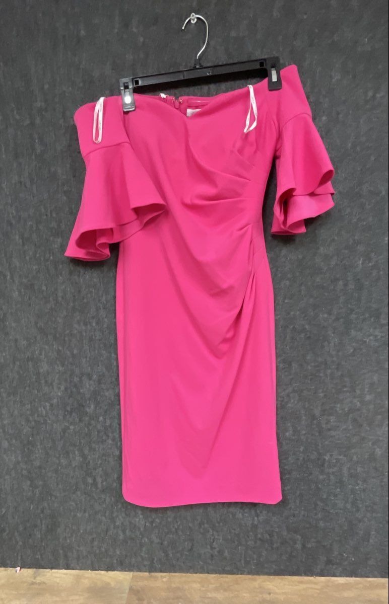 Calvin Klein Women's Hot Pink Off Shoulder Ruffle Bell Sleeve Ruched Dress Sz 2