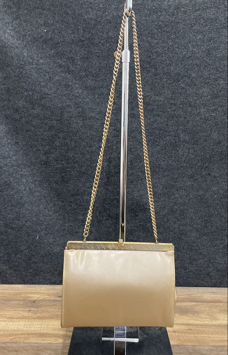 Vintage Andrew Geller Tan Leather Frame Clutch Shoulder Bag Gold Chain