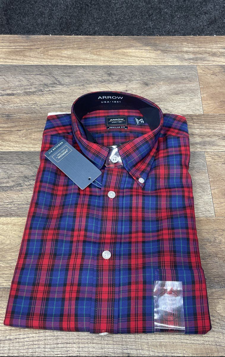 Arrow Men's Regular Fit Plaid Shirt Red Blue Wrinkle Free Button Down NWT Sz M