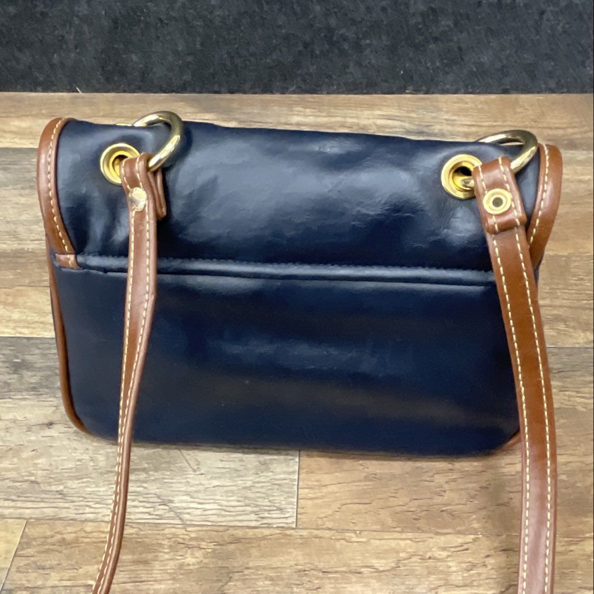 Vintage 80s Capezio Navy Blue Brown Leather Crossbody Bag Gold Hardware