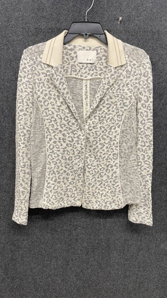 Oui Women's Cream Gray Leopard Print Metallic Textured Knit Blazer Jacket
