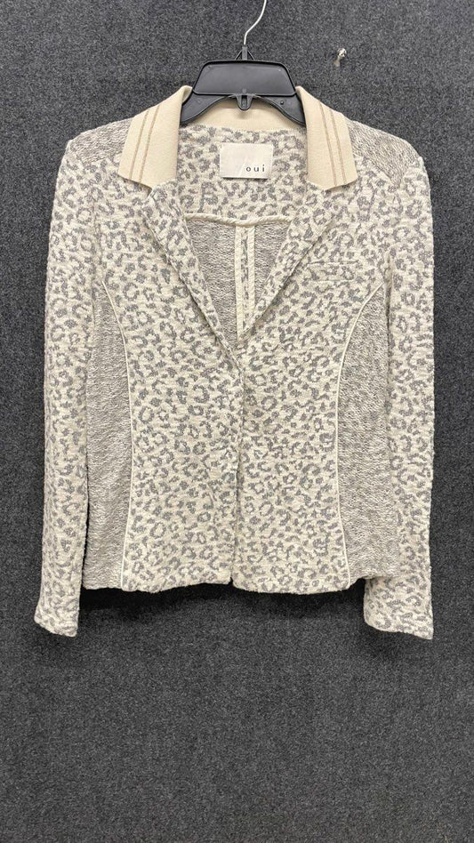 Oui Women's Cream Gray Leopard Print Metallic Textured Knit Blazer Jacket
